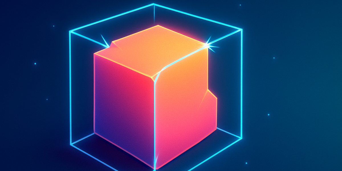 Leuchtender 3D-Würfel in einem transparenten Neon-Kubus auf dunklem Hintergrund