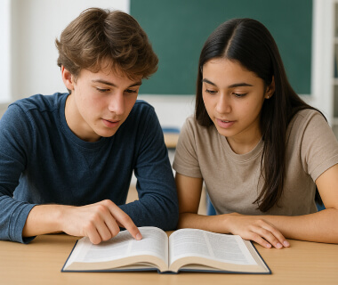 Zwei Jugendliche lernen gemeinsam an einem Tisch im Klassenzimmer