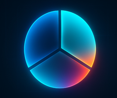 Leuchtendes, dreigeteiltes Kreisdiagramm in Blau- und Orangetönen auf dunklem Hintergrund