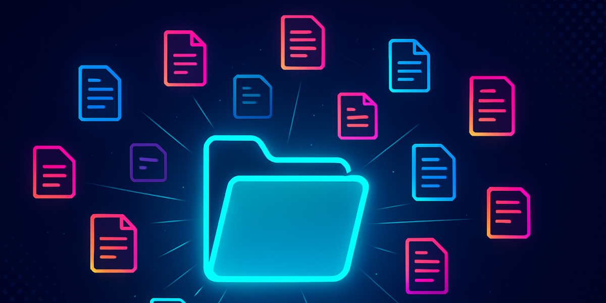 Leuchtender digitaler Ordner umgeben von schwebenden Dokumenten auf dunklem Hintergrund