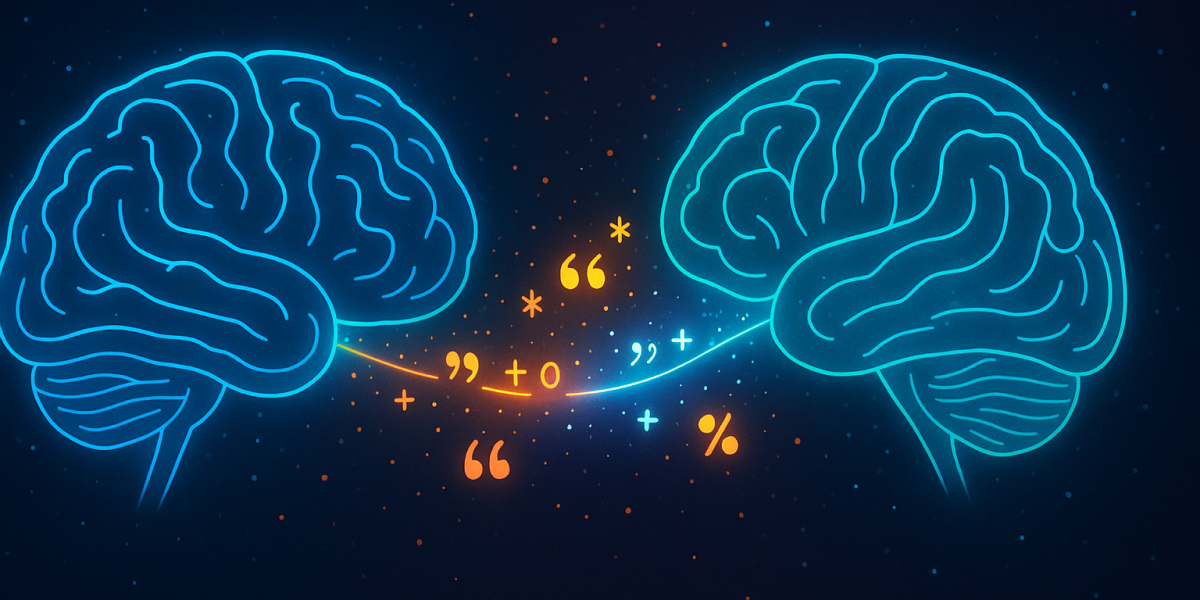 Zwei stilisierte leuchtende Gehirne, verbunden durch Zeichen und Symbole als Metapher für Wissensaustausch