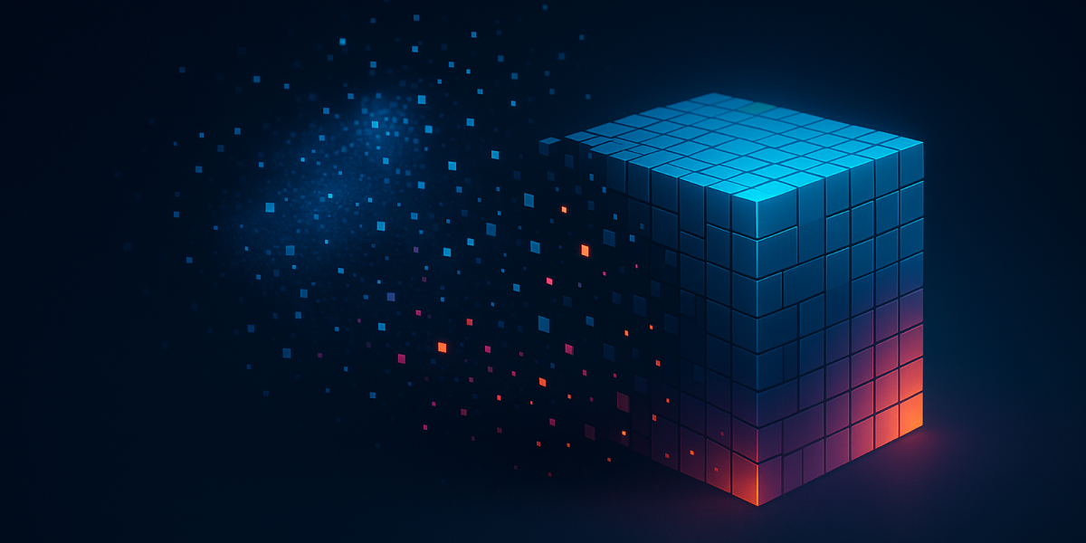 Visualisierung eines digitalen Datenwürfels mit leuchtenden Pixeln in dunkler Umgebung