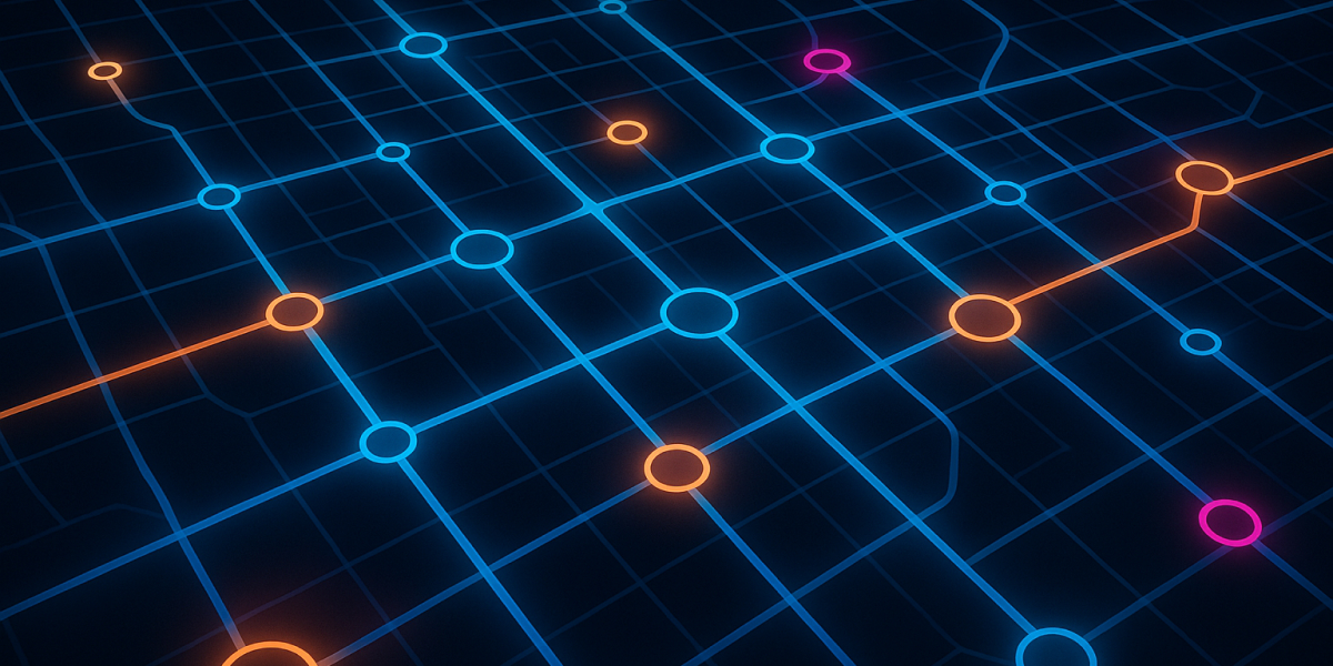 Leuchtendes digitales Netzwerk mit verbundenen Knotenpunkten auf dunklem Hintergrund.