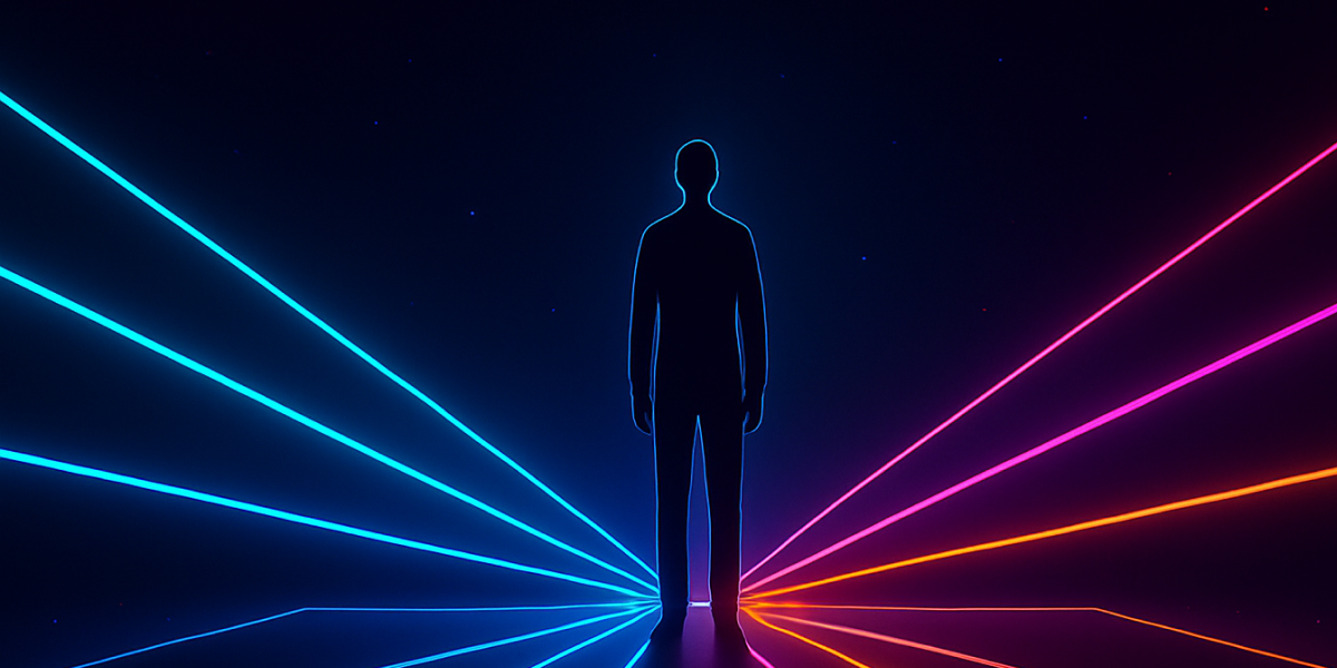 Silhouette eines Menschen auf Bühne mit bunten Laserlinien in futuristischer Atmosphäre