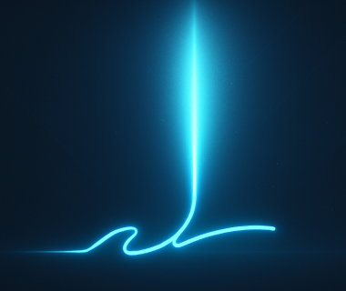 Leuchtend blaue Lichtspur auf dunklem Hintergrund, die in einen Lichtstrahl übergeht