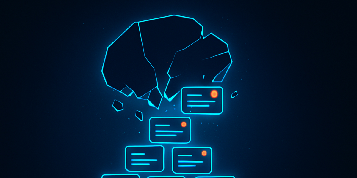 Leuchtende digitale Gehirnform über gestapelten Karten in futuristischem Design