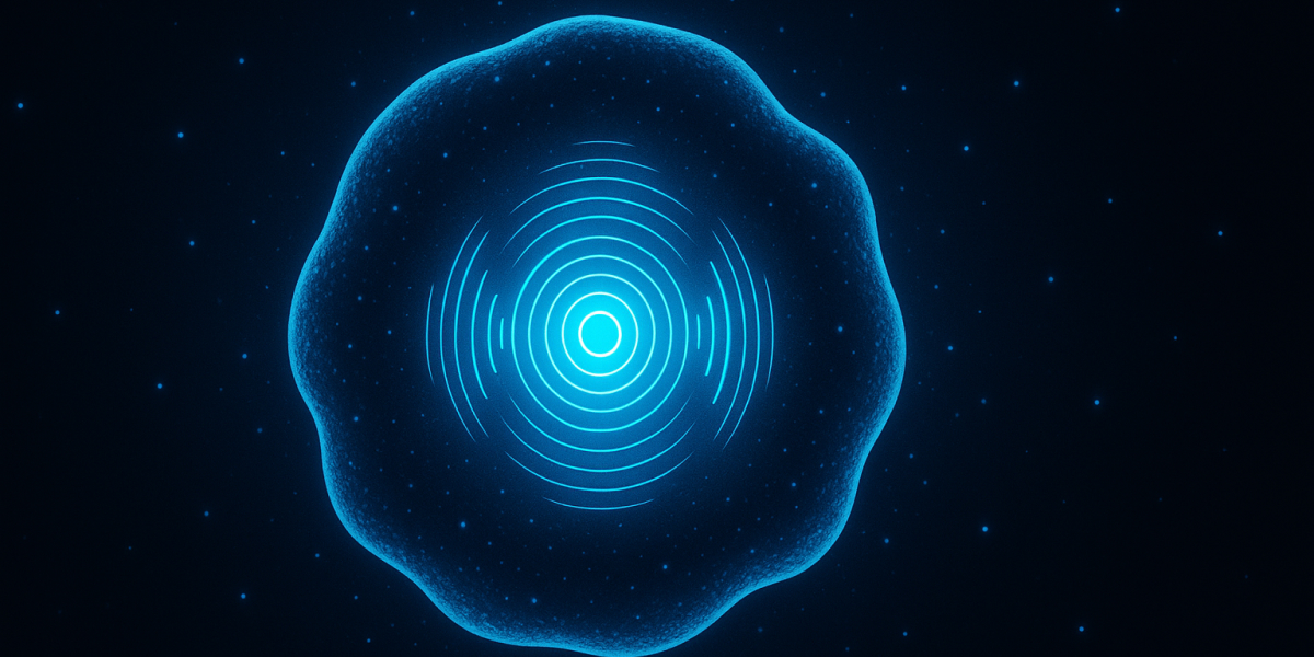 Leuchtende blaue Zellstruktur mit kreisförmigen Wellen in dunklem Raum