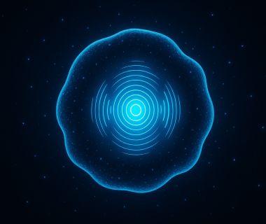 Leuchtende blaue Zellstruktur mit kreisförmigen Wellen in dunklem Raum