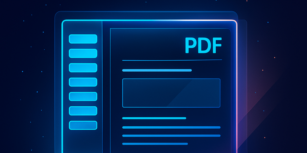 Neonillustration eines Laptops mit geöffnetem PDF-Fenster und leuchtenden Interface-Elementen.