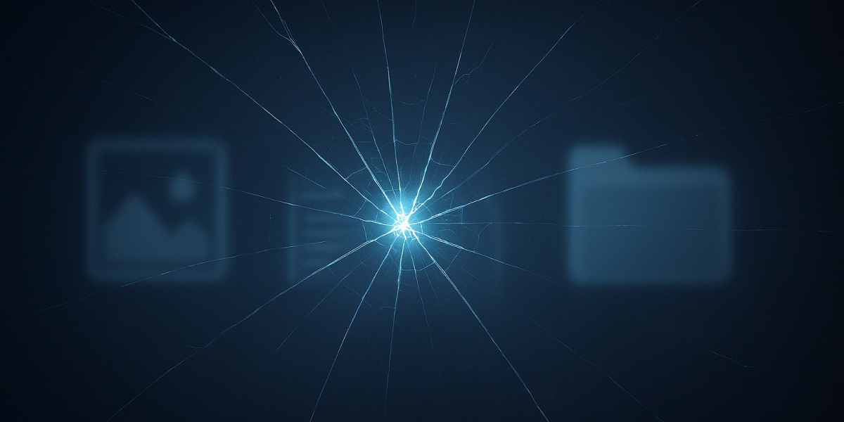 Zersprungene, leuchtende Glasstruktur vor dunklem Hintergrund mit unscharfen Datei-Symbolen.