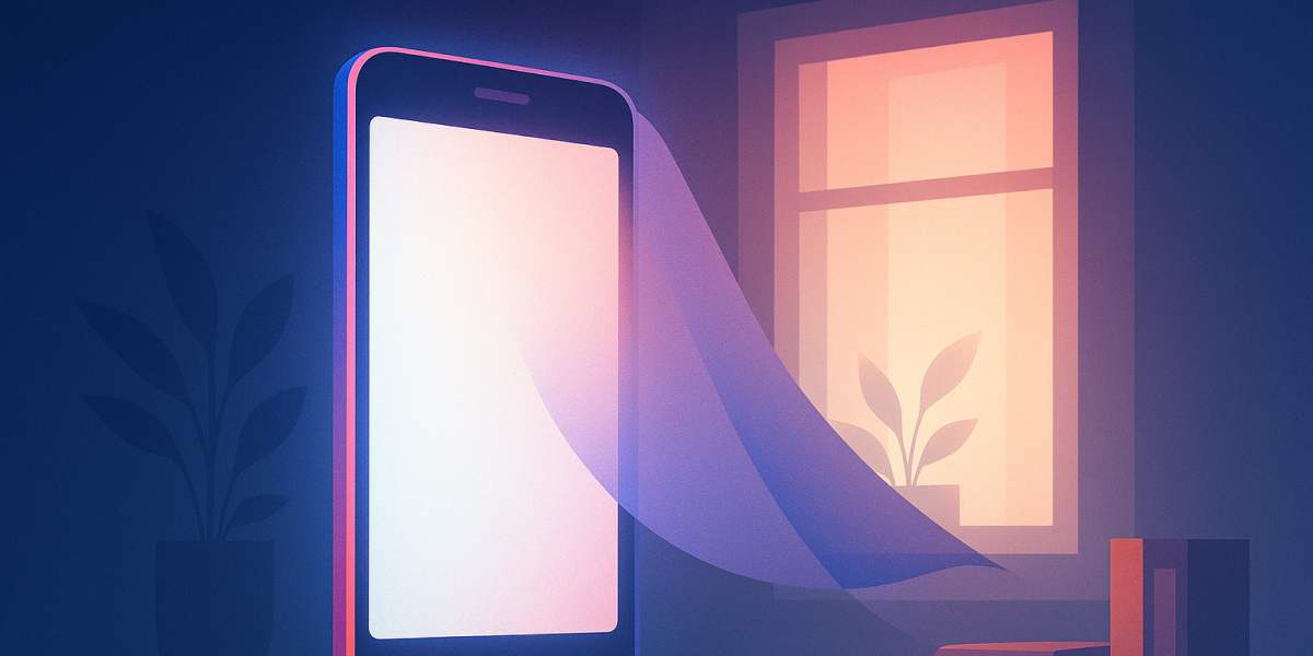 Illustration eines leuchtenden Smartphones in einem dunklen Raum mit Fenster und schwebendem Vorhang