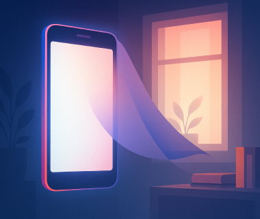 Illustration eines leuchtenden Smartphones in einem dunklen Raum mit Fenster und schwebendem Vorhang