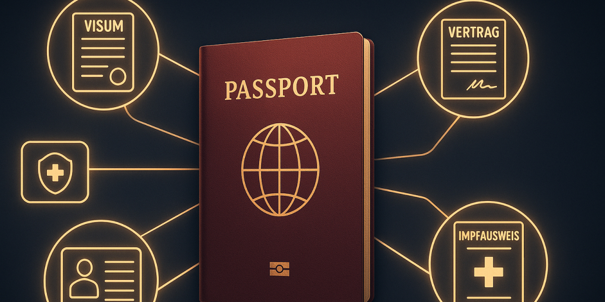 Roter Reisepass im Zentrum, verbunden mit Icons für Visum, Vertrag, Versicherung und Impfpass