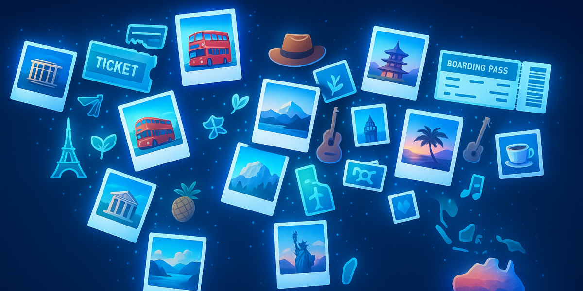 Weltkarte mit Reise-Icons wie Fotos, Tickets, Sehenswürdigkeiten und Symbolen für Schüleraustausch