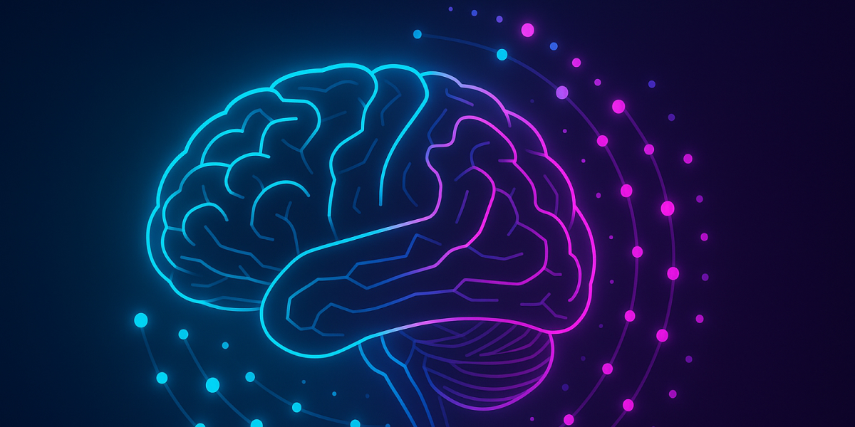 Leuchtende digitale Illustration eines Gehirns in Blau und Pink auf dunklem Hintergrund