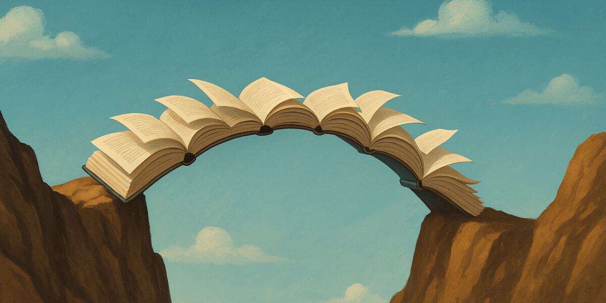 Geöffnete Bücher bilden eine Brücke zwischen zwei Felsen unter blauem Himmel