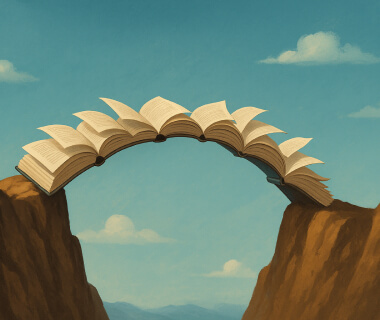 Geöffnete Bücher bilden eine Brücke zwischen zwei Felsen unter blauem Himmel