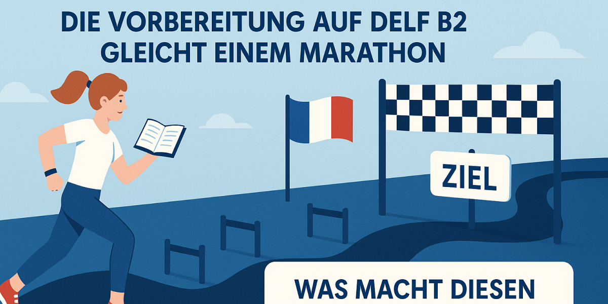 Illustration einer Läuferin mit Buch auf Marathonstrecke mit Hürden, französischer Flagge und Zielbanner.