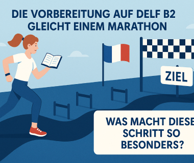 Illustration einer Läuferin mit Buch auf Marathonstrecke mit Hürden, französischer Flagge und Zielbanner.