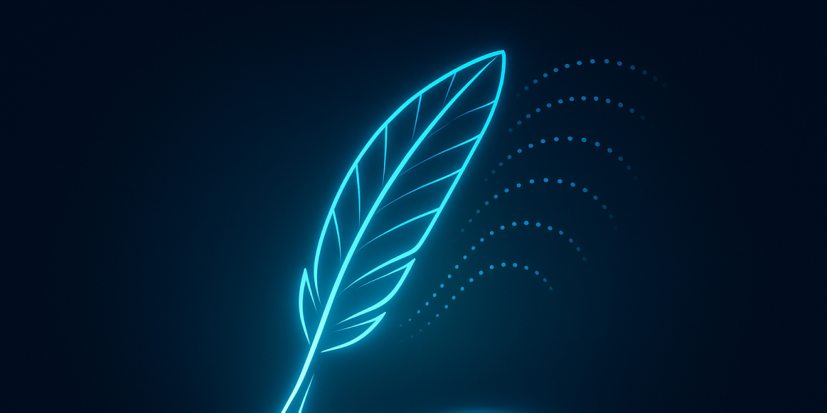 Leuchtend blaue Illustration einer Schreibfeder auf dunklem Hintergrund