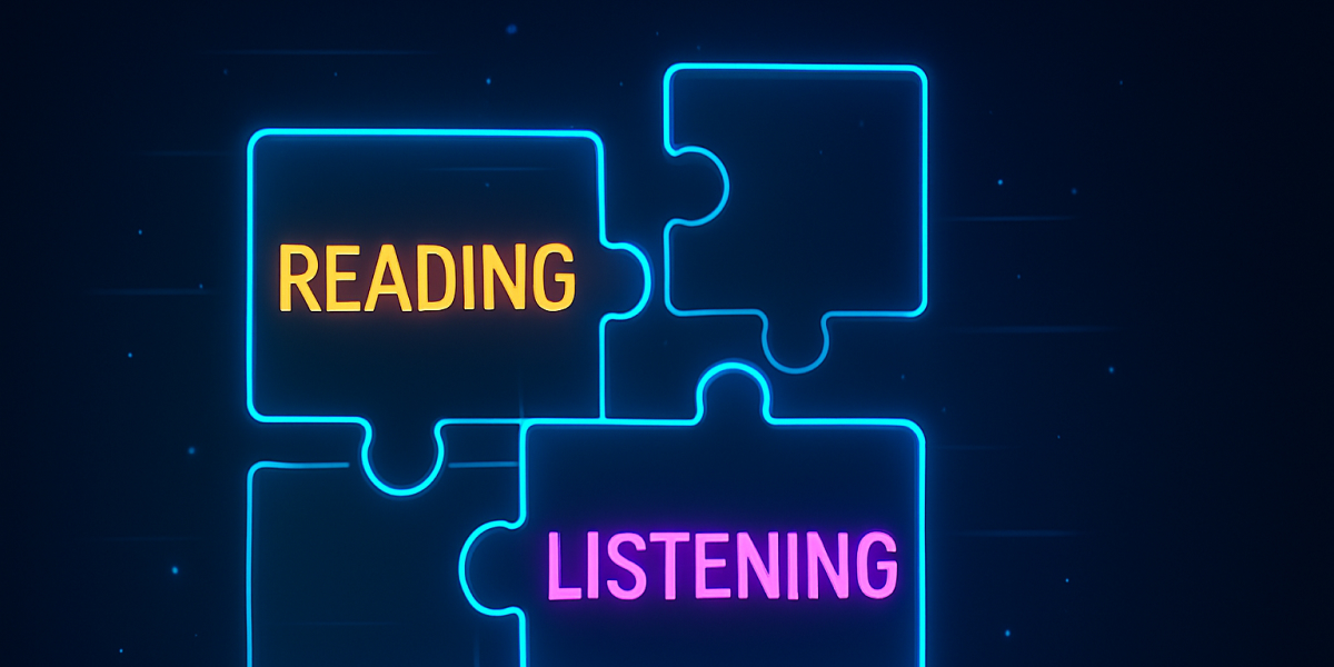 Leuchtende Puzzle-Teile mit den Wörtern 'Reading' und 'Listening' auf dunklem Hintergrund