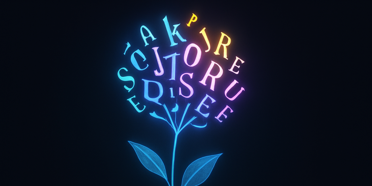 Leuchtende Buchstaben formen eine stilisierte Blume auf dunklem Hintergrund - Symbol für wachsendes Sprachwissen.