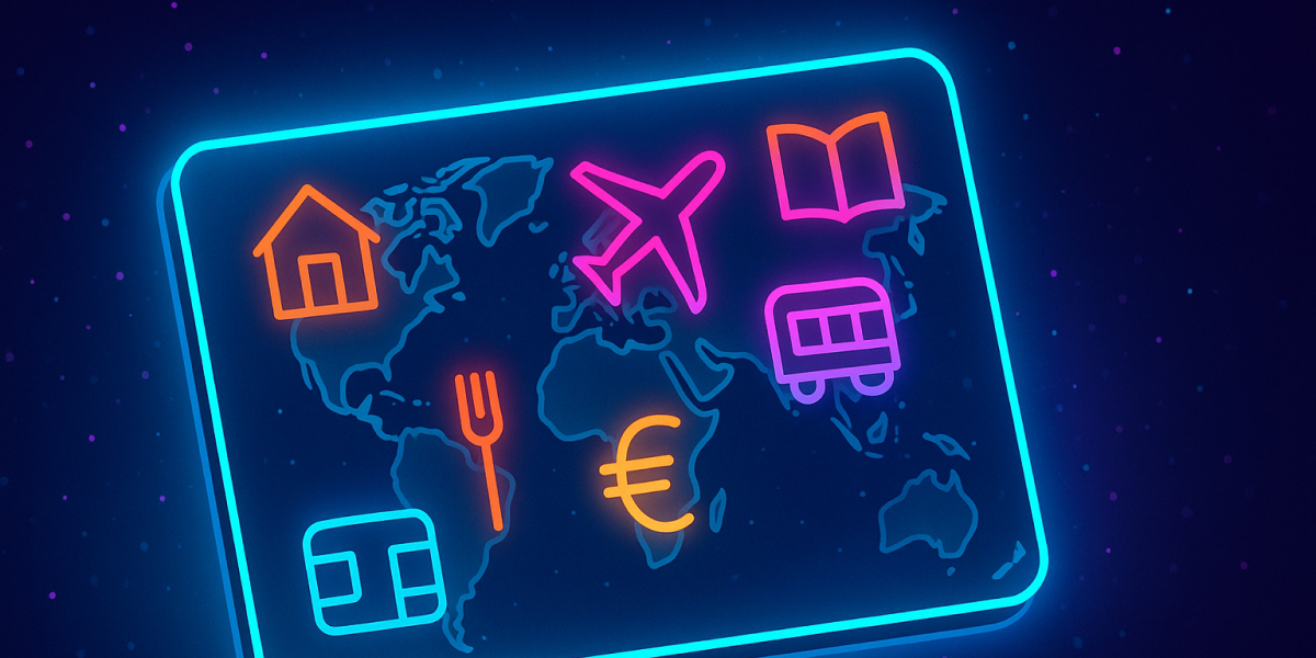 Neon-Symbole auf Weltkarte: Flugzeug, Eurozeichen, Haus, Bus, Gabel und Buch auf digitaler Karte