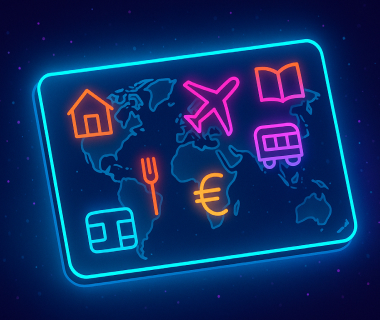 Neon-Symbole auf Weltkarte: Flugzeug, Eurozeichen, Haus, Bus, Gabel und Buch auf digitaler Karte