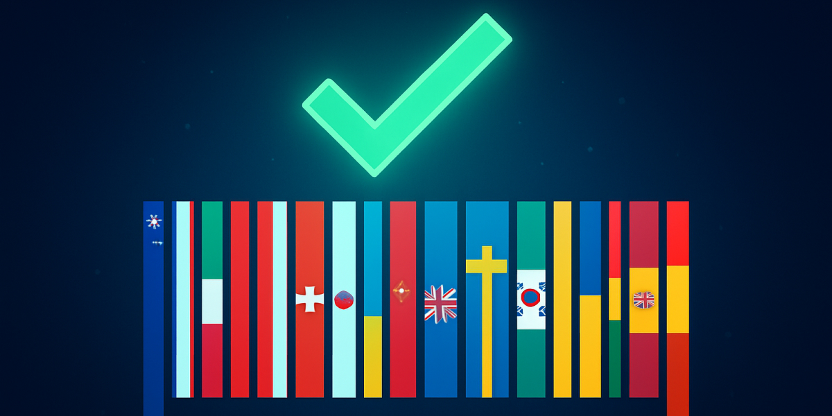 Illustration mit internationalen Flaggen und großem grünem Haken darüber