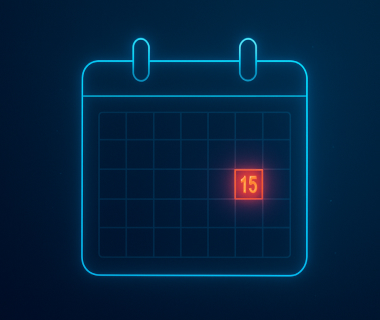 Digitale Kalendergrafik mit hervorgehobener Zahl 15 in Rot auf dunklem Hintergrund