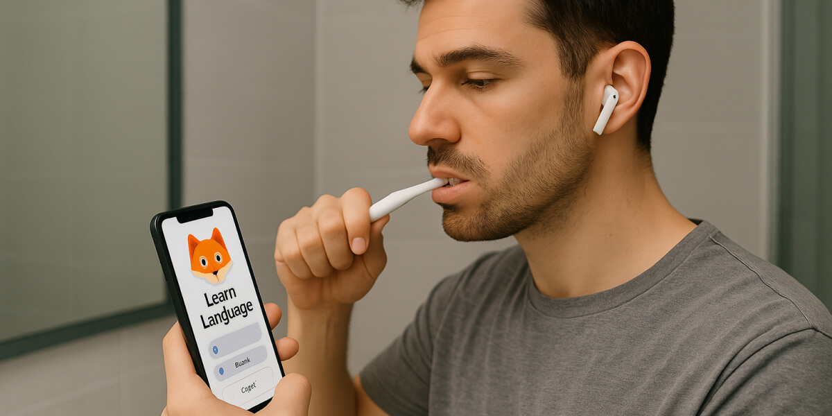 Mann mit Zahnbürste und Kopfhörern schaut auf Sprachlern-App im Smartphone