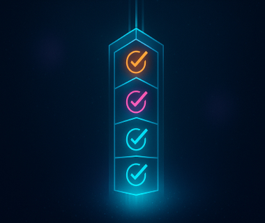 Neon-Illustration mit vier farbigen Häkchen in einer vertikalen Struktur auf dunklem Hintergrund