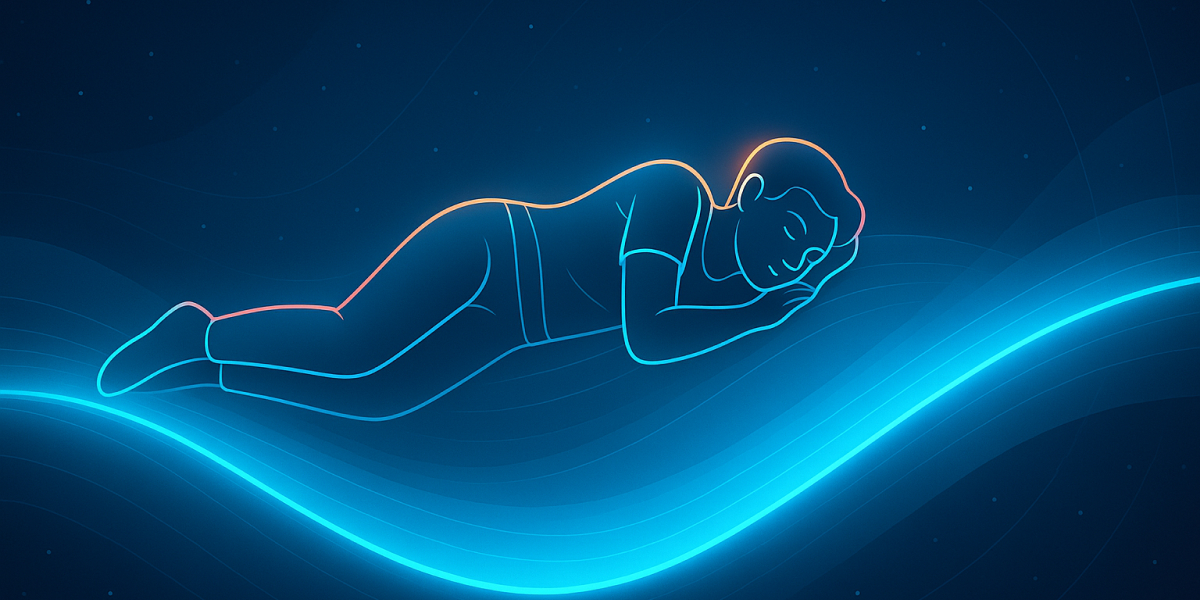 Illustration einer schlafenden Person in Seitenlage auf leuchtender Wellenlinie