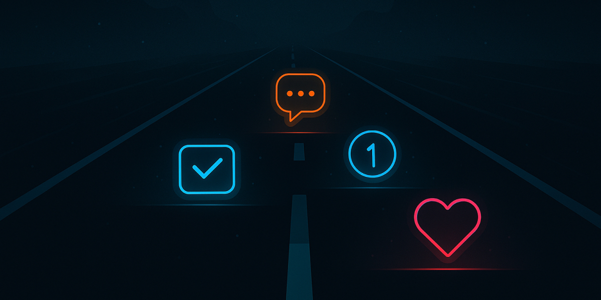 Leuchtende Icons für Chat, Herz und Benachrichtigung auf dunkler Straße als Symbol für digitale Reizüberflutung