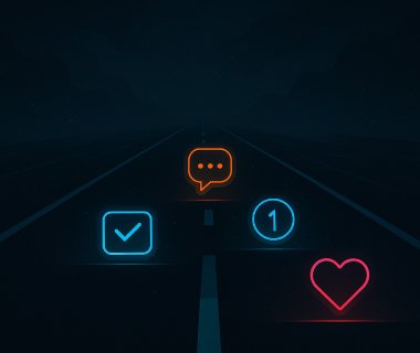 Leuchtende Icons für Chat, Herz und Benachrichtigung auf dunkler Straße als Symbol für digitale Reizüberflutung