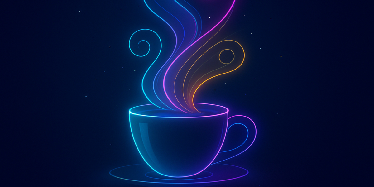 Neonfarbene Illustration einer dampfenden Tasse vor dunklem Hintergrund