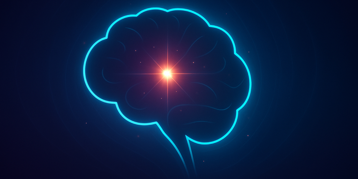Leuchtende Illustration eines Gehirns mit zentralem Lichtpunkt auf dunklem Hintergrund