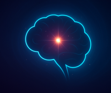 Leuchtende Illustration eines Gehirns mit zentralem Lichtpunkt auf dunklem Hintergrund