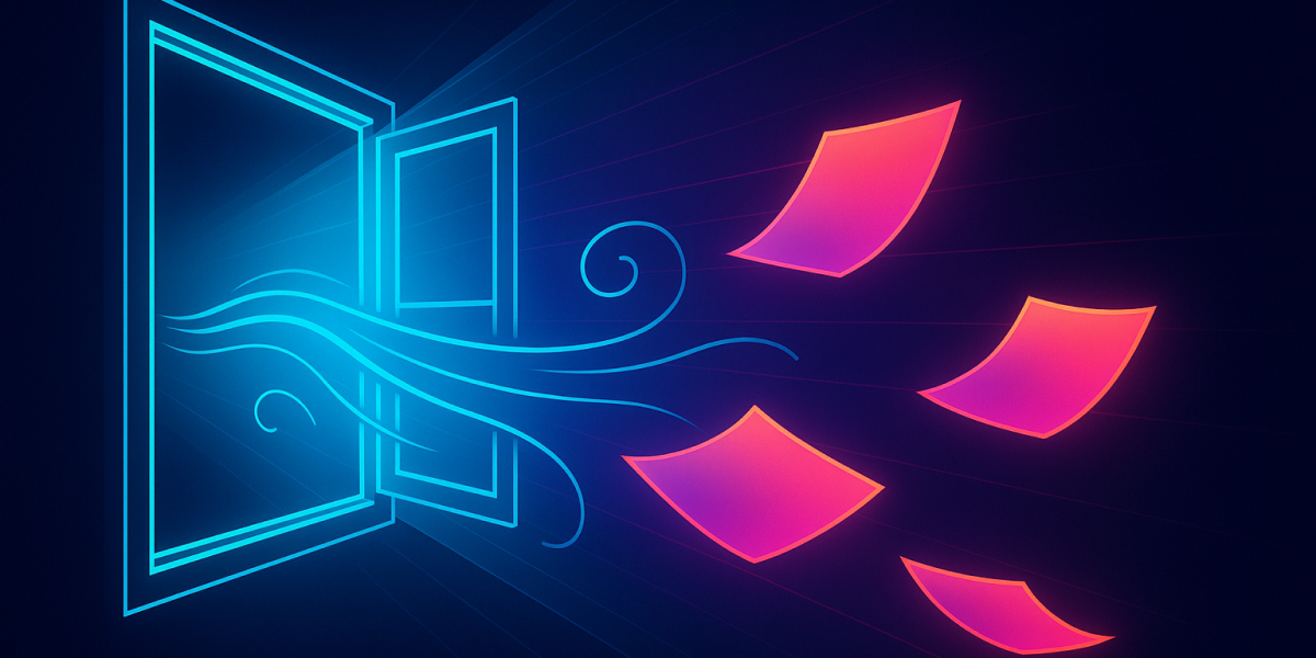 Illustration eines offenen Fensters mit Wind und davonfliegenden Seiten in leuchtenden Farben