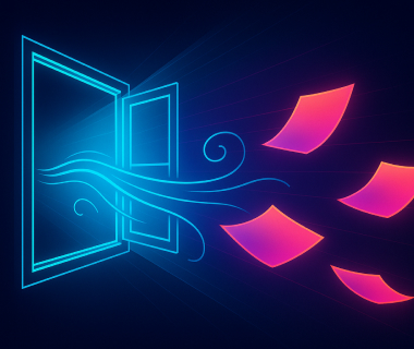 Illustration eines offenen Fensters mit Wind und davonfliegenden Seiten in leuchtenden Farben