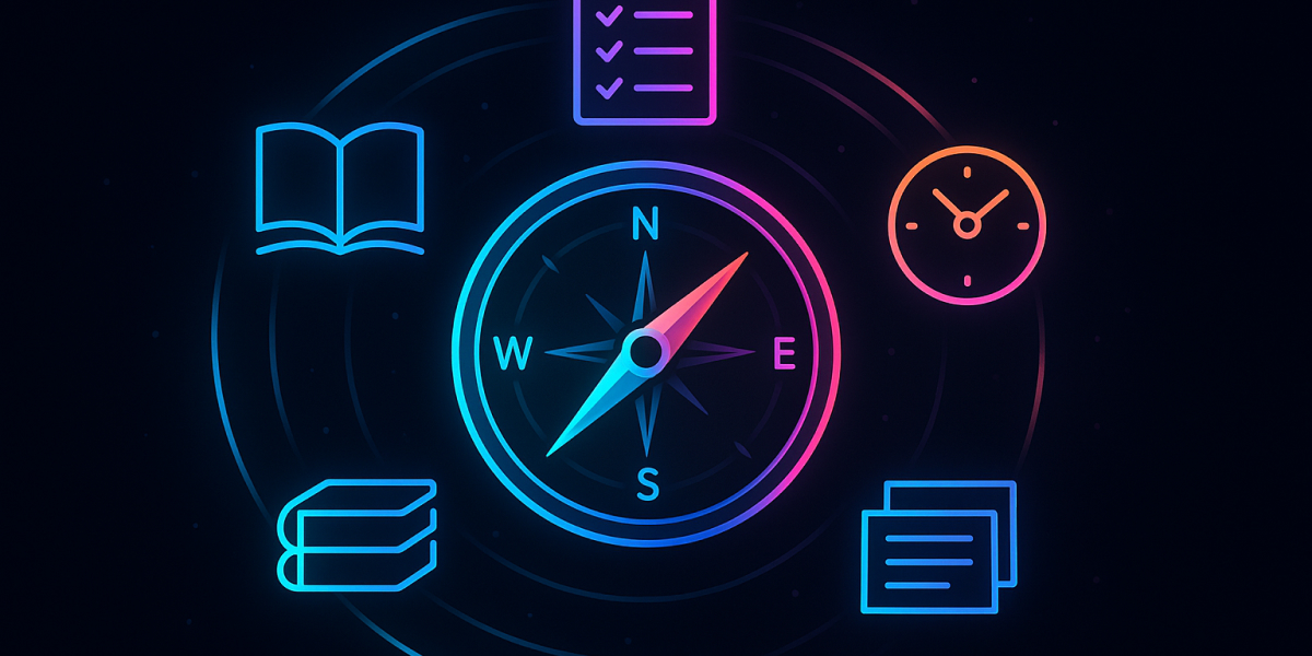 Neonfarbige Illustration mit Kompass und Symbolen für Lernen, Zeit und Organisation