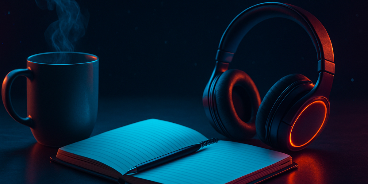Notizbuch mit Stift, Kopfhörer und dampfender Tasse in stimmungsvollem Licht