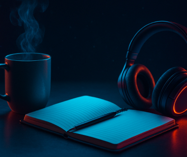Notizbuch mit Stift, Kopfhörer und dampfender Tasse in stimmungsvollem Licht