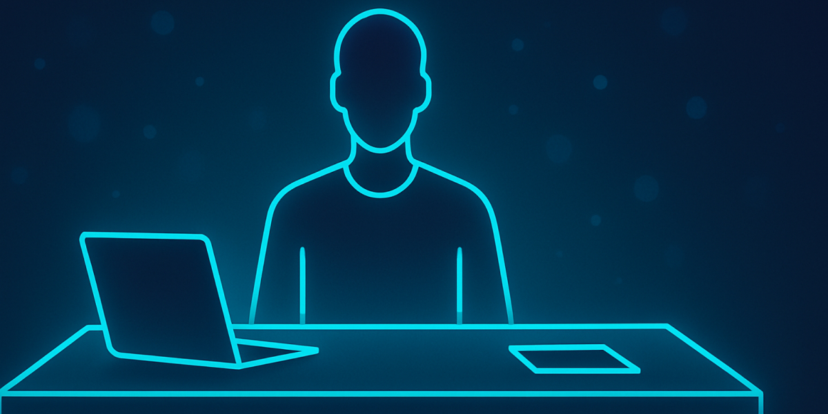 Leuchtende Silhouette einer Person am Schreibtisch mit Laptop in digitalem Stil