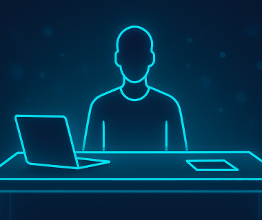 Leuchtende Silhouette einer Person am Schreibtisch mit Laptop in digitalem Stil