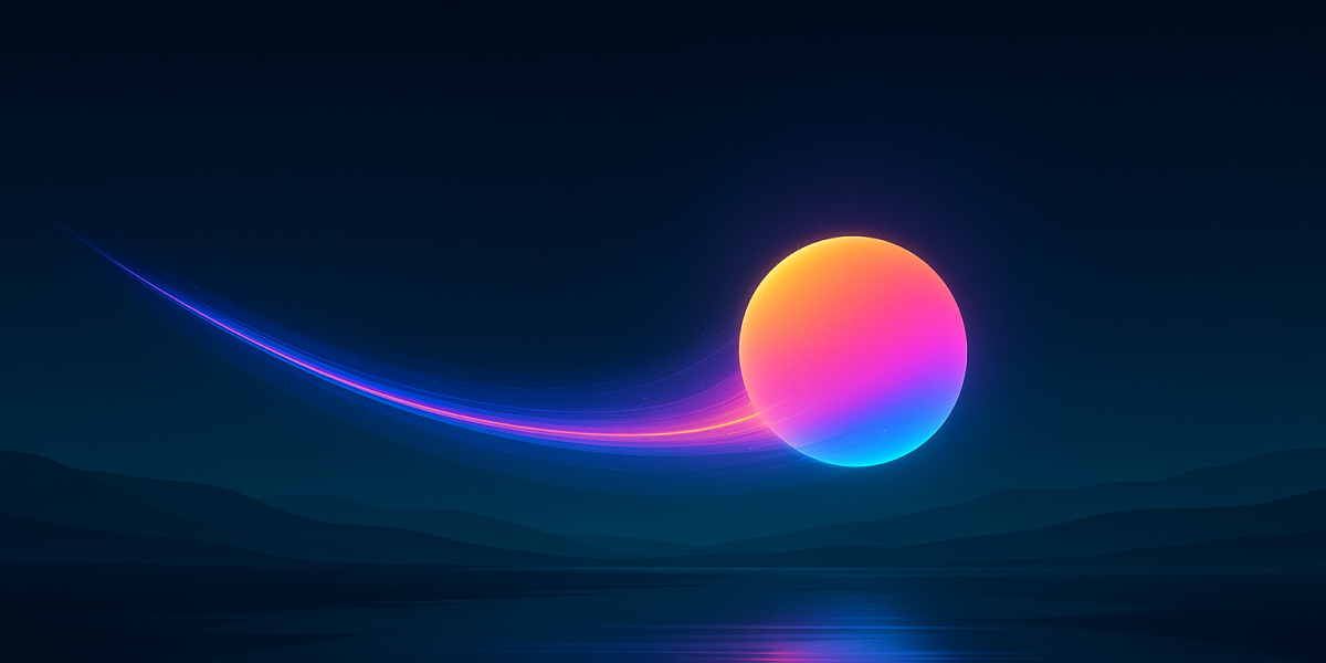 Abstrakte leuchtende Kugel mit farbigem Schweif über ruhiger Landschaft bei Nacht