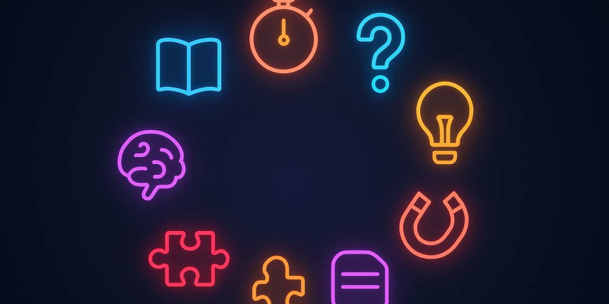 Bunte Symbole wie Uhr, Gehirn, Fragezeichen und Glühbirne im Kreis auf dunklem Hintergrund