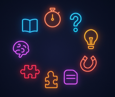 Bunte Symbole wie Uhr, Gehirn, Fragezeichen und Glühbirne im Kreis auf dunklem Hintergrund