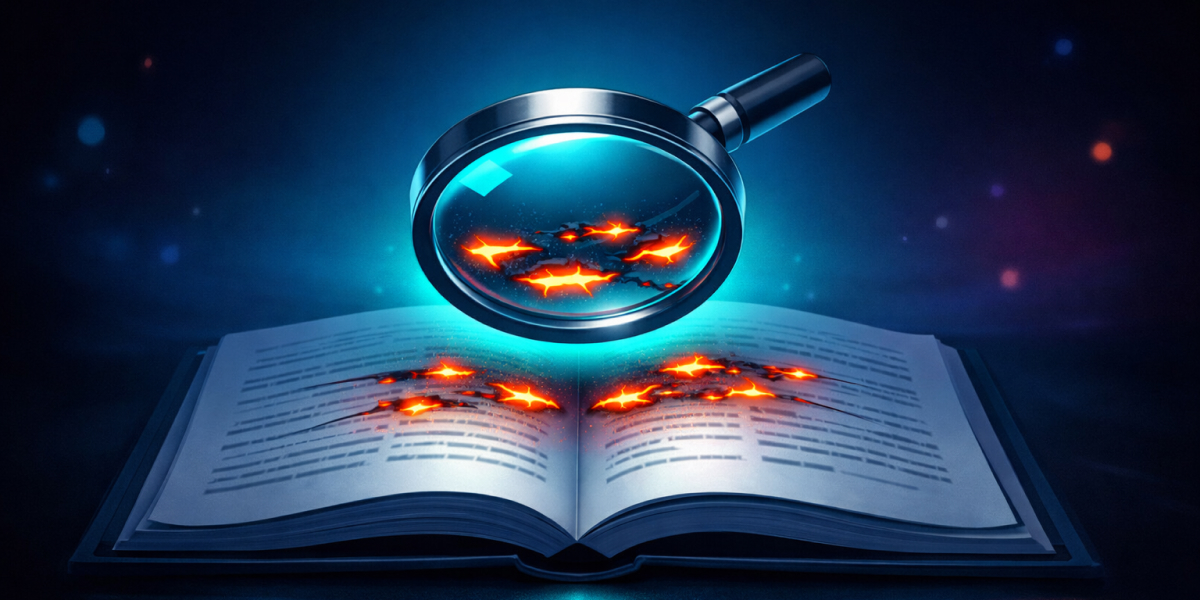 Leuchtende Wissenslücken unter einer Lupe über einem aufgeschlagenen Buch