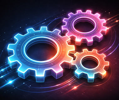 Drei leuchtende Zahnräder in Neonfarben symbolisieren dynamische Prozesse und Zusammenarbeit